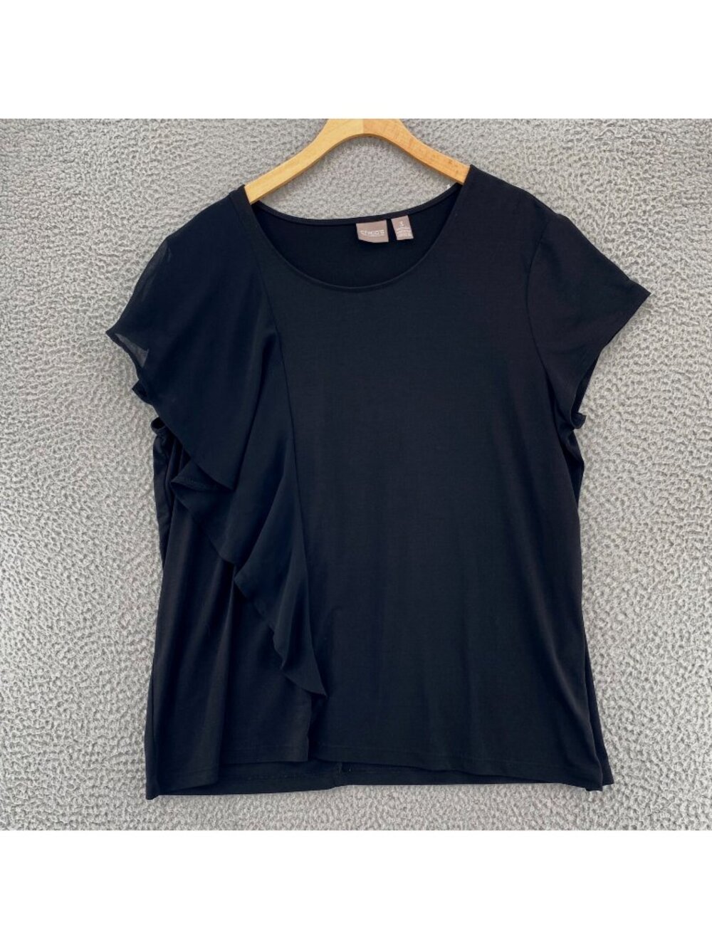 Chicos Top Womens 3 US Extra Large Black Short Asymmetric Sleeve Ruffle Stretch